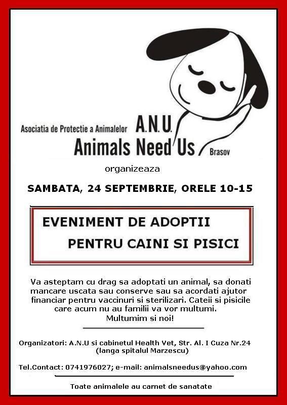 Eveniment adoptii animale fara stapan si strangere donatii in data de 24 septembrie